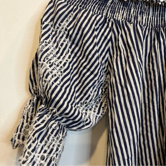 La Classe Couture Off the Shoulder Striped Cotton Embroidered Dress White Blue - Picture 2 of 5